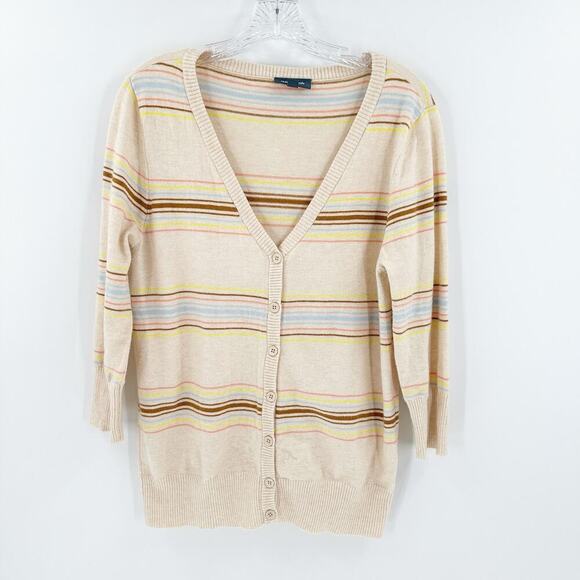 ModCloth Tan Striped V-Neck 3/4 Sleeve Button Front Cardigan Women's Size Large - Picture 2 of 12